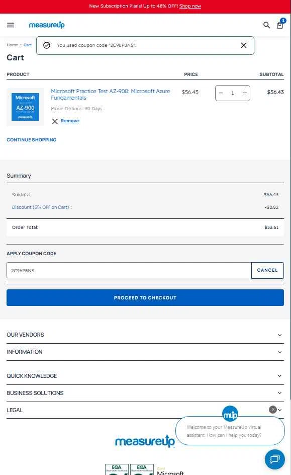 MeasureUp checkout page showing MeasureUp coupon code box | Screenshot taken by SimplyCodes community member on Oct 28, 2025