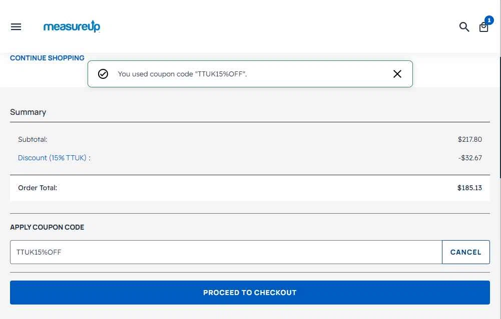 MeasureUp checkout page showing MeasureUp coupon code box | Screenshot taken by SimplyCodes community member on Dec 12, 2025
