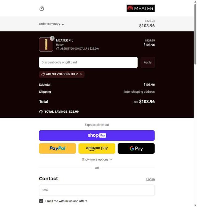 Meater checkout page showing Meater discount code box | Screenshot taken by SimplyCodes community member on Apr 4, 2025
