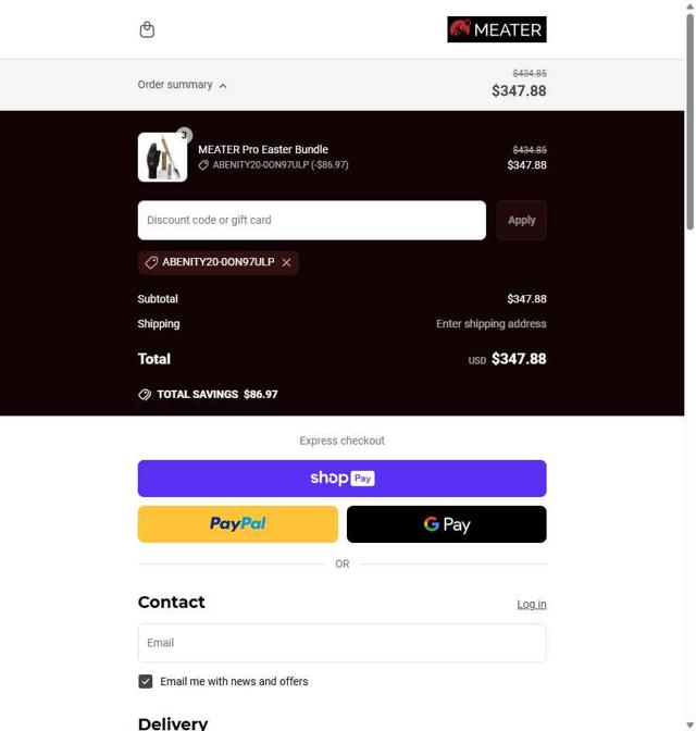Meater checkout page showing Meater discount code box | Screenshot taken by SimplyCodes community member on Apr 7, 2025