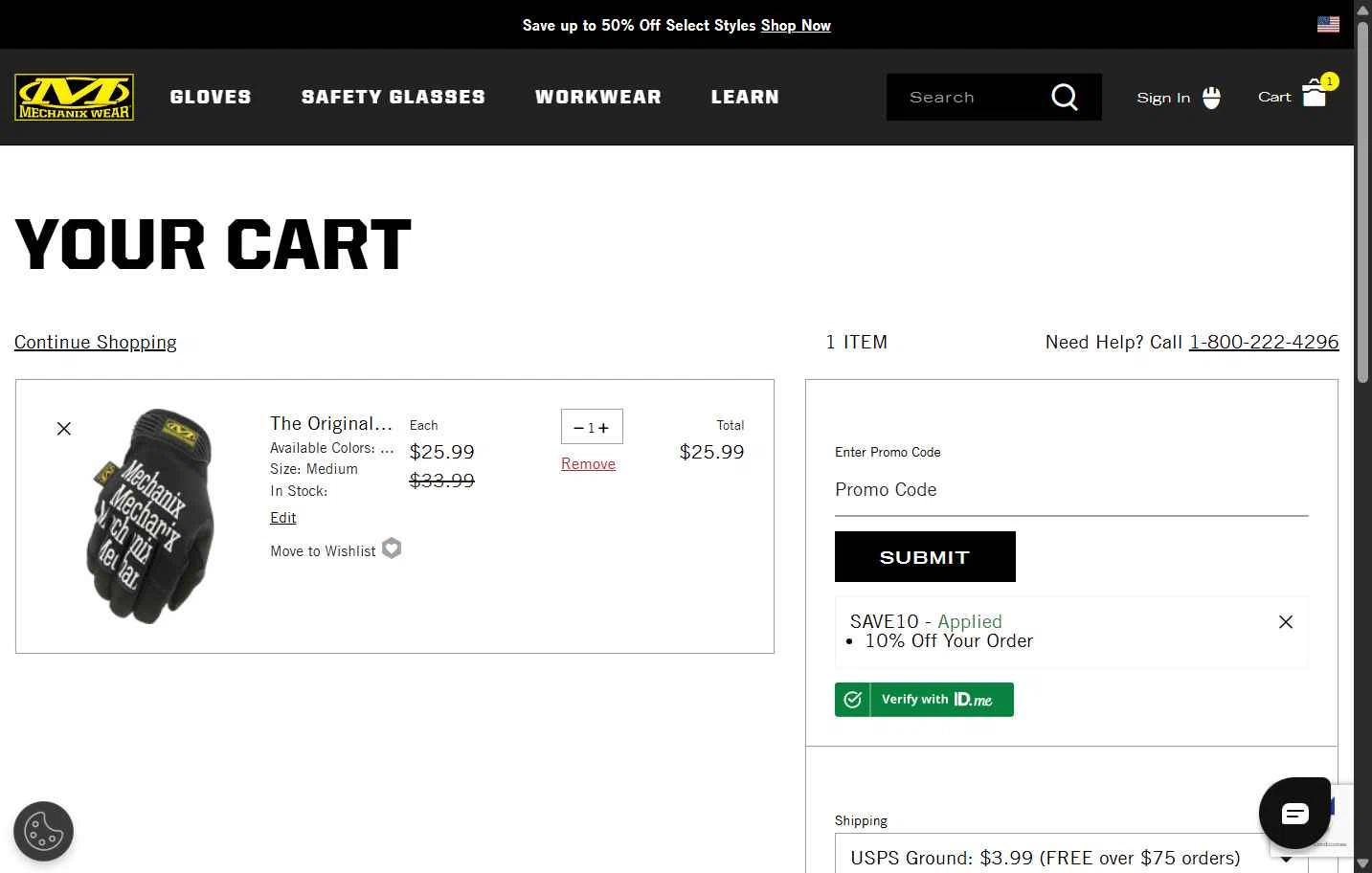 Mechanix Wear checkout page showing Mechanix Wear promo code box | Screenshot taken by SimplyCodes community member on Dec 22, 2025