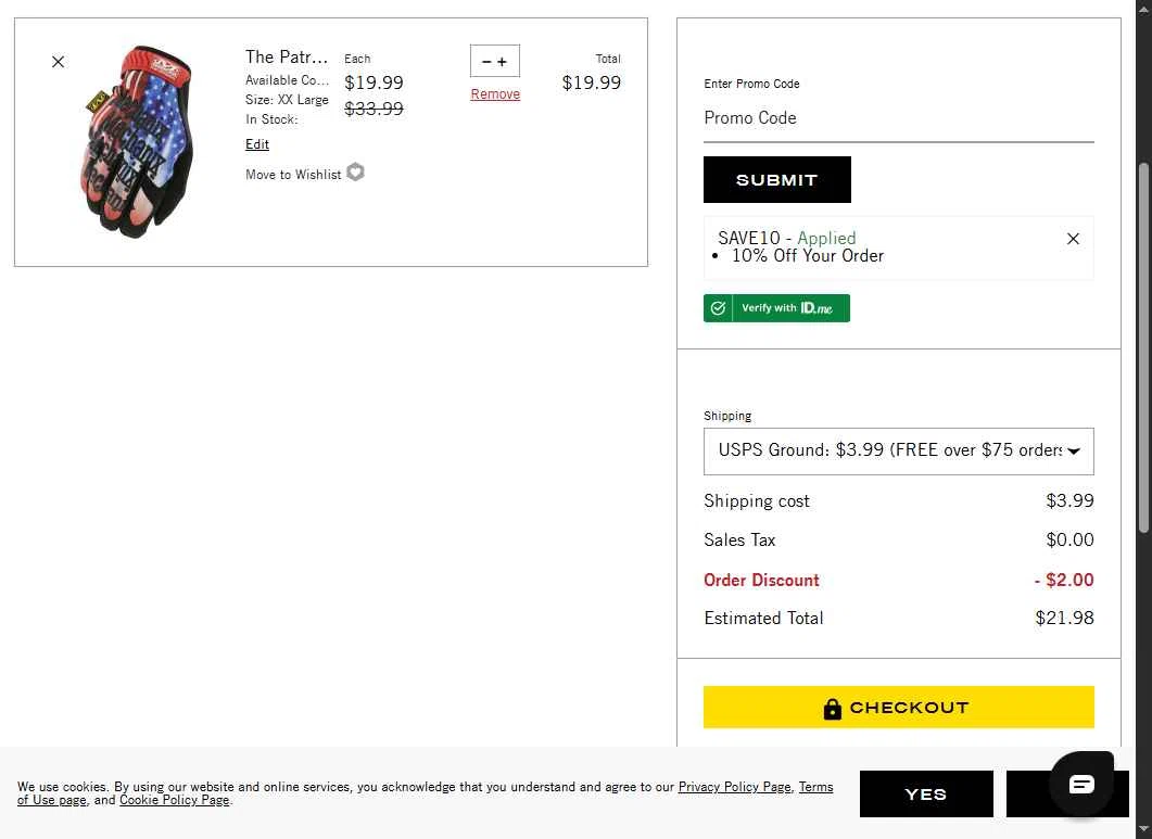 Mechanix Wear checkout page showing Mechanix Wear promo code box | Screenshot taken by SimplyCodes community member on Aug 27, 2025