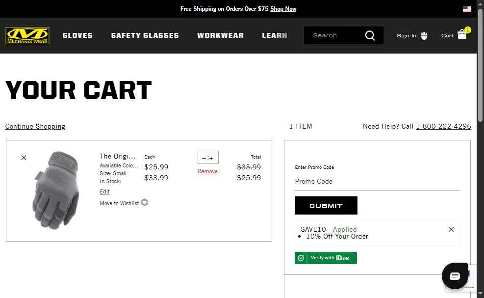 Mechanix Wear checkout page showing Mechanix Wear promo code box | Screenshot taken by SimplyCodes community member on Aug 19, 2025