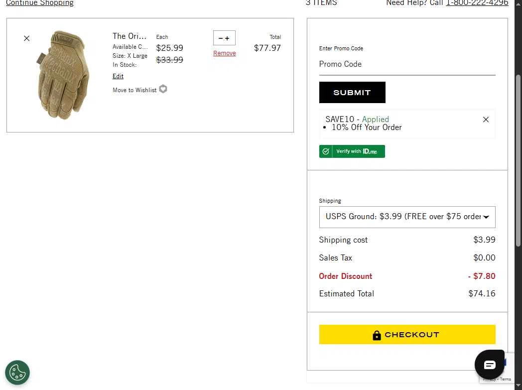 Mechanix Wear checkout page showing Mechanix Wear promo code box | Screenshot taken by SimplyCodes community member on Nov 17, 2025