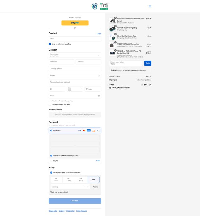 Mechdiy checkout page showing Mechdiy discount code box | Screenshot taken by SimplyCodes community member on Sep 5, 2025
