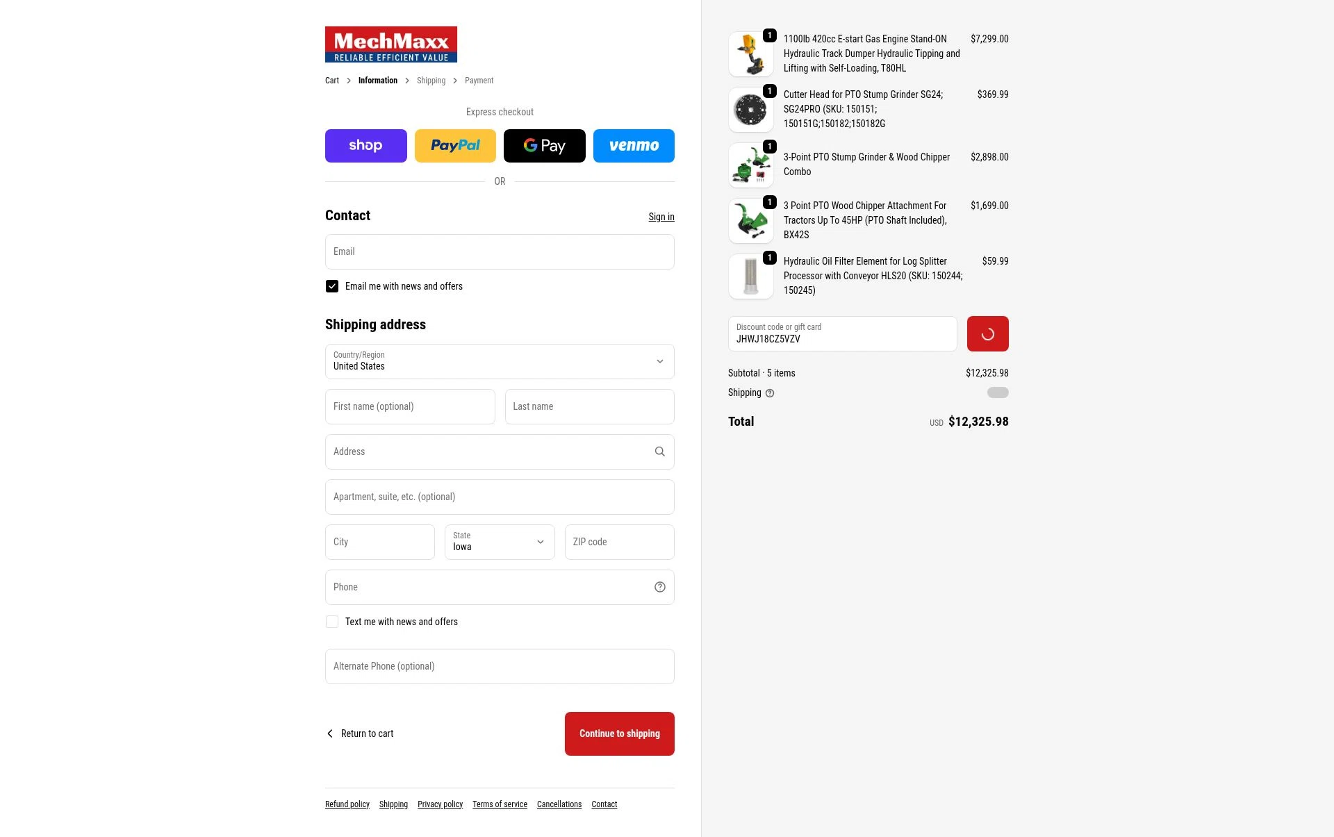 MechMaxx checkout page showing MechMaxx discount code box | Screenshot taken by SimplyCodes community member on Feb 6, 2026