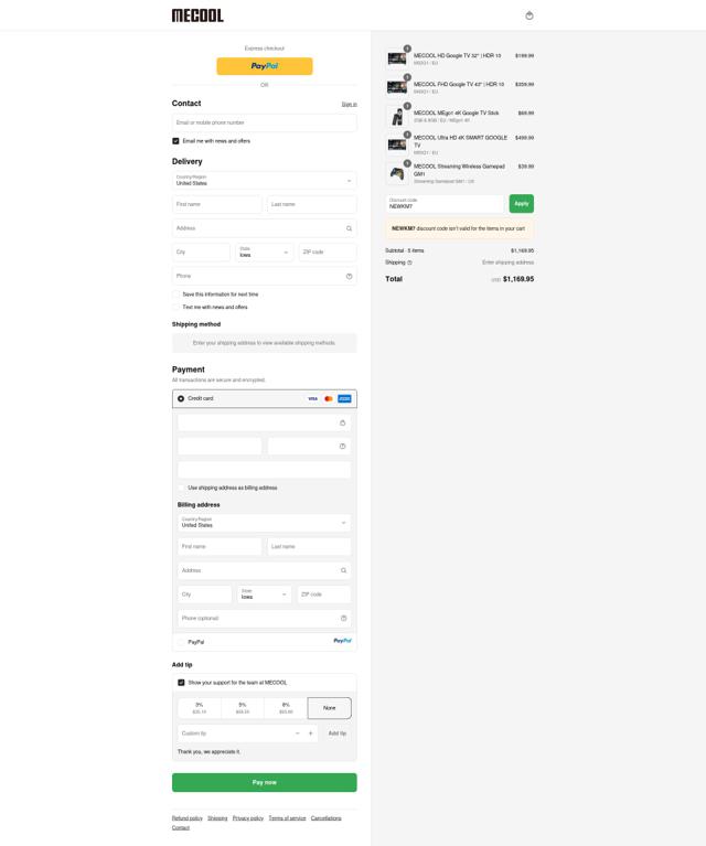 Mecool checkout page showing Mecool discount code box | Screenshot taken by SimplyCodes community member on Sep 12, 2025
