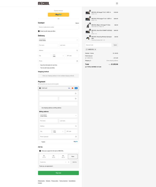 Mecool checkout page showing Mecool discount code box | Screenshot taken by SimplyCodes community member on Sep 12, 2025
