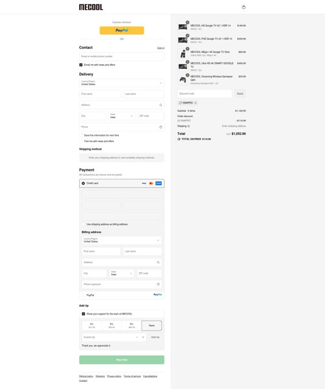 Mecool checkout page showing Mecool discount code box | Screenshot taken by SimplyCodes community member on Sep 12, 2025