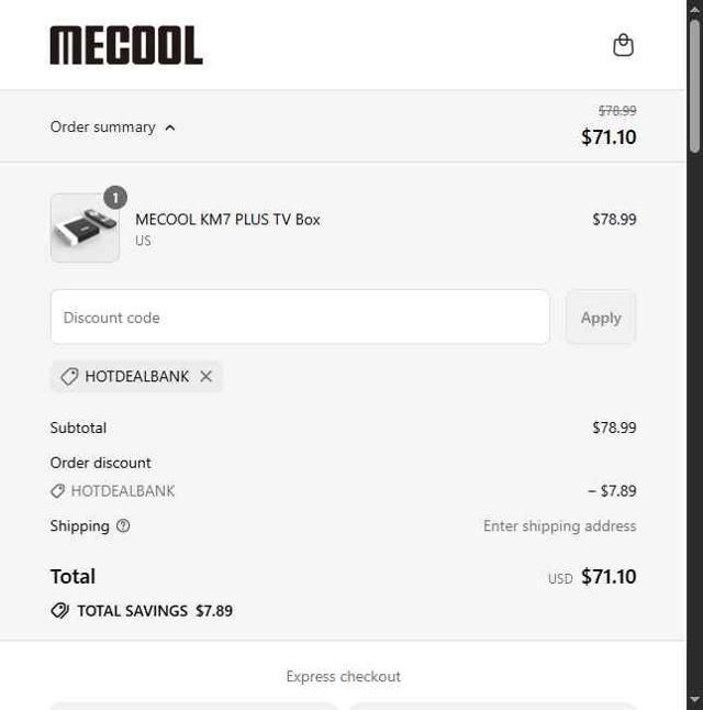 Mecool checkout page showing Mecool discount code box | Screenshot taken by SimplyCodes community member on Sep 15, 2025