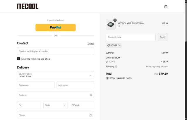 Mecool checkout page showing Mecool discount code box | Screenshot taken by SimplyCodes community member on Sep 12, 2025