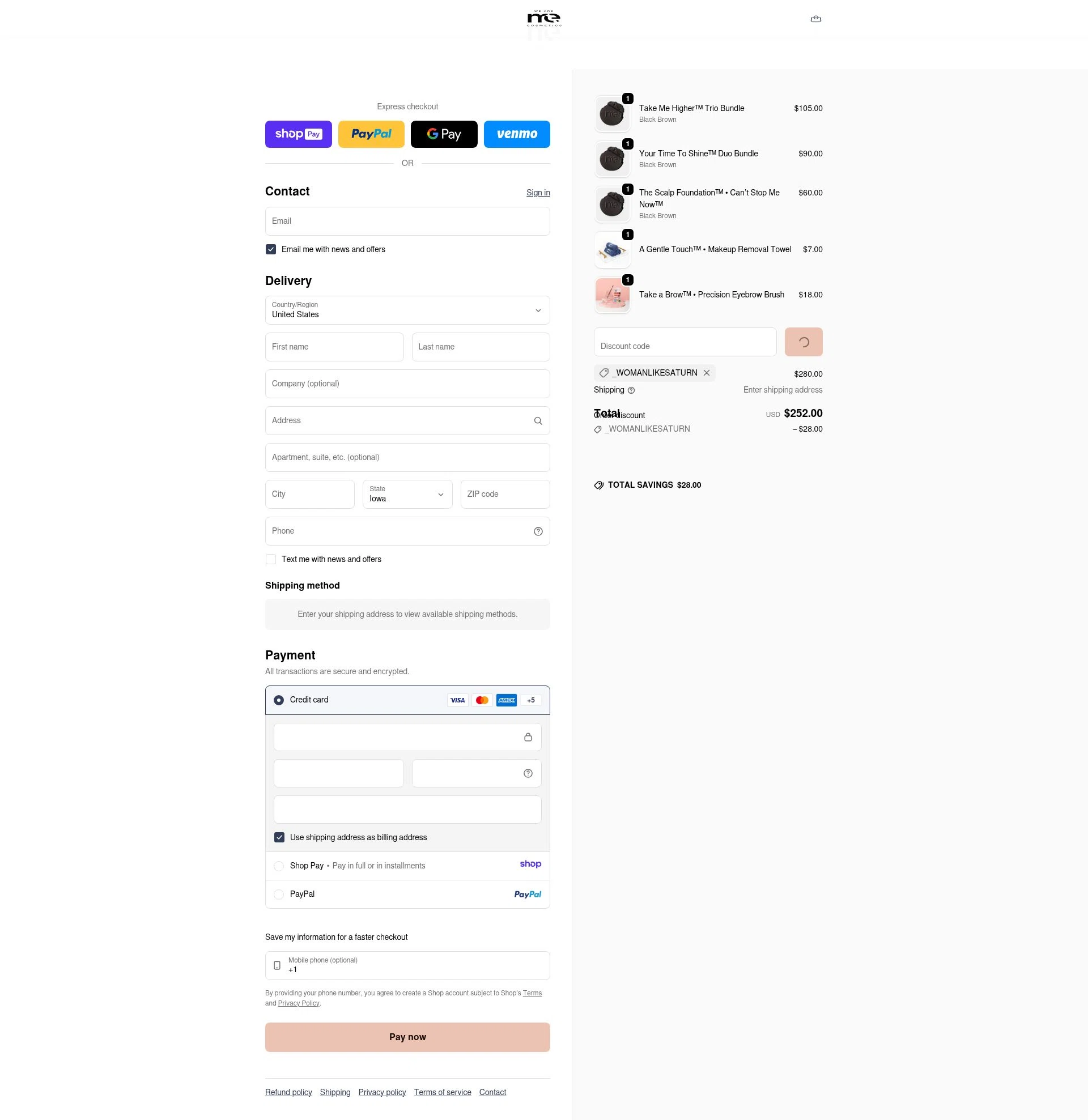 ME Cosmetics checkout page showing ME Cosmetics promo code box | Screenshot taken by SimplyCodes community member on Jan 7, 2026