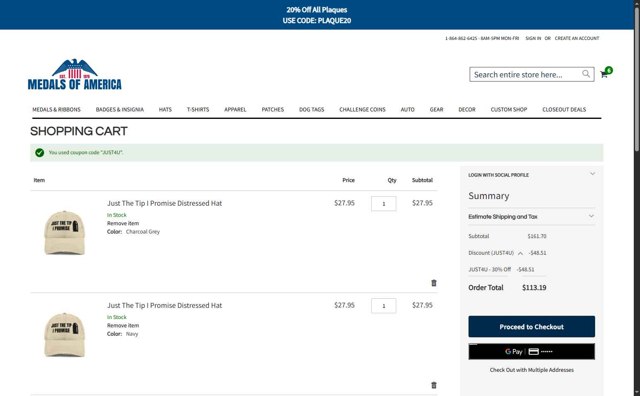 Medals of America checkout page showing Medals of America discount code box | Screenshot taken by SimplyCodes community member on Sep 5, 2025