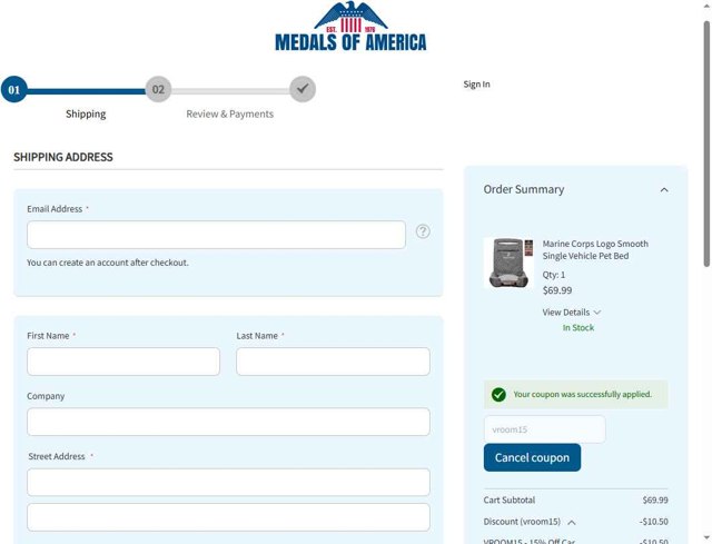 Medals of America checkout page showing Medals of America discount code box | Screenshot taken by SimplyCodes community member on Aug 28, 2025