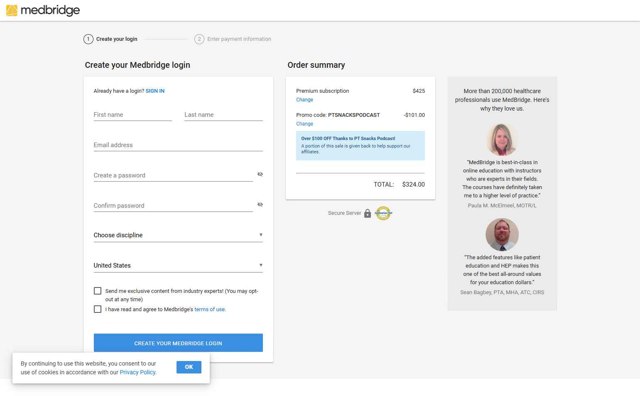 MedBridge checkout page showing MedBridge promo code box | Screenshot taken by SimplyCodes community member on Aug 27, 2025