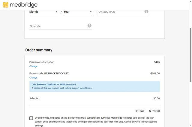 MedBridge checkout page showing MedBridge promo code box | Screenshot taken by SimplyCodes community member on Aug 21, 2025