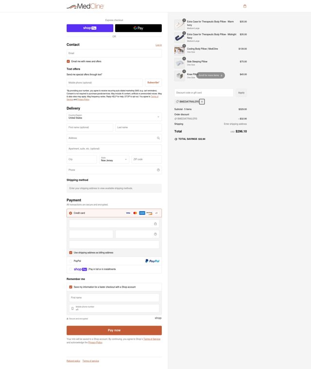 MedCline checkout page showing MedCline discount code box | Screenshot taken by SimplyCodes community member on Feb 13, 2025
