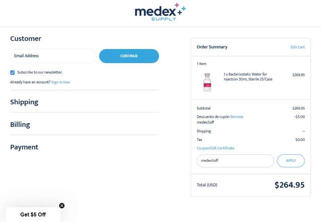 Medex Supply checkout page showing Medex Supply promo code box | Screenshot taken by SimplyCodes community member on Jul 29, 2025