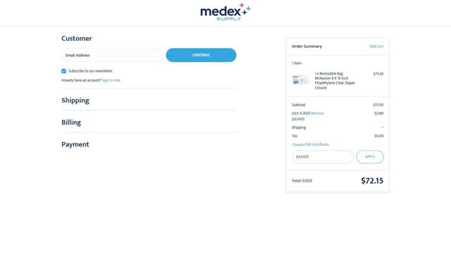 Medex Supply checkout page showing Medex Supply promo code box | Screenshot taken by SimplyCodes community member on Jul 1, 2025