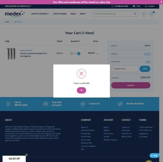 Medex Supply checkout page showing Medex Supply promo code box | Screenshot taken by SimplyCodes community member on Aug 31, 2025