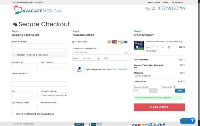 Avacare Medical checkout page showing Avacare Medical coupon code box | Screenshot taken by SimplyCodes community member on Aug 21, 2025