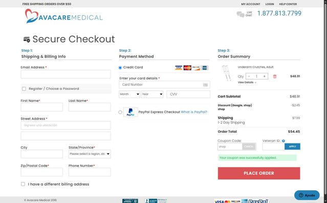 Avacare Medical checkout page showing Avacare Medical coupon code box | Screenshot taken by SimplyCodes community member on Aug 27, 2025