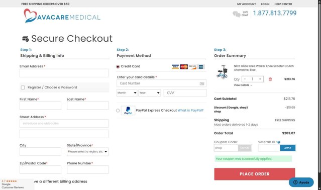 Avacare Medical checkout page showing Avacare Medical coupon code box | Screenshot taken by SimplyCodes community member on Sep 5, 2025