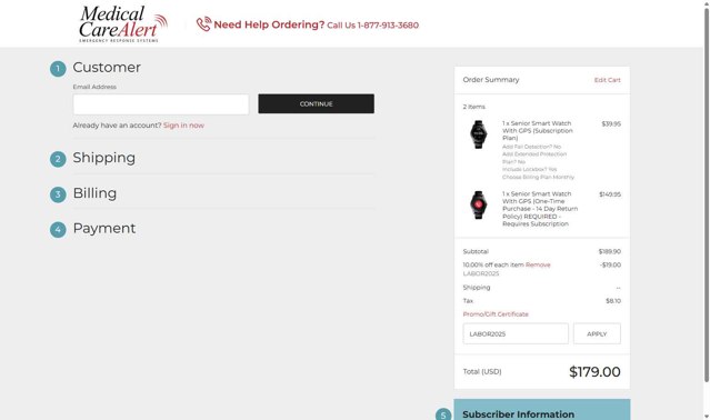 Medical Care Alert checkout page showing Medical Care Alert coupon code box | Screenshot taken by SimplyCodes community member on Aug 20, 2025