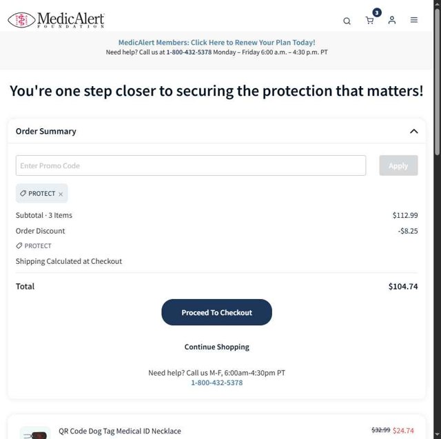 MedicAlert checkout page showing MedicAlert coupon code box | Screenshot taken by SimplyCodes community member on Sep 3, 2025