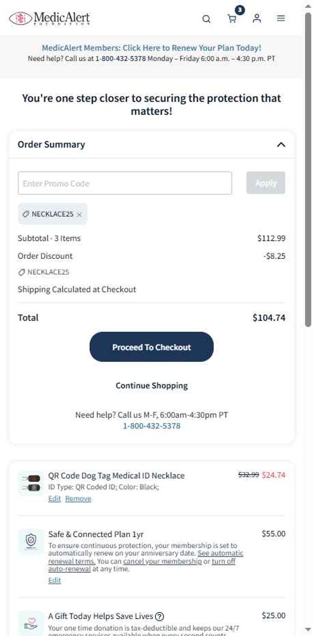 MedicAlert checkout page showing MedicAlert coupon code box | Screenshot taken by SimplyCodes community member on Sep 1, 2025