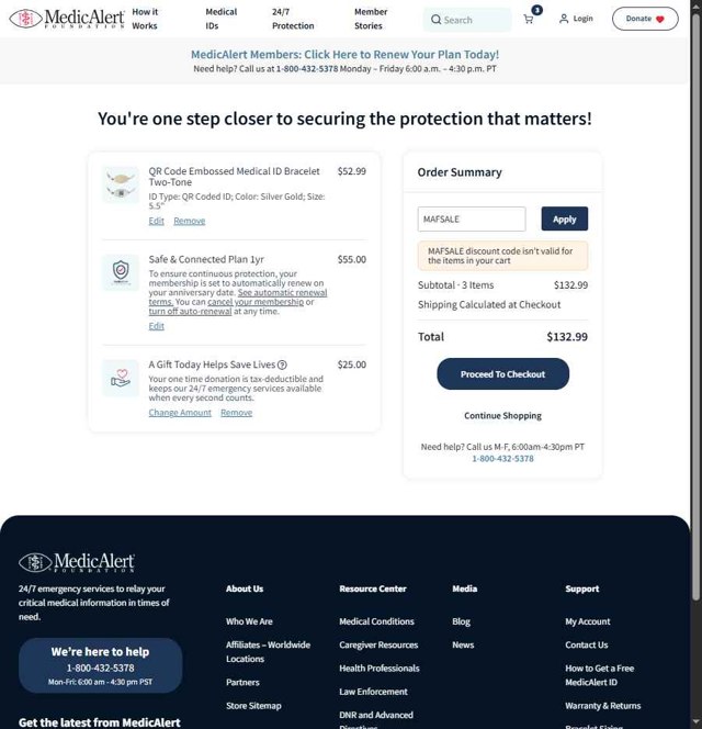 MedicAlert checkout page showing MedicAlert coupon code box | Screenshot taken by SimplyCodes community member on Sep 3, 2025