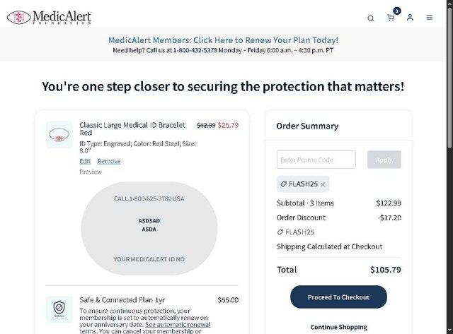 MedicAlert checkout page showing MedicAlert coupon code box | Screenshot taken by SimplyCodes community member on Sep 3, 2025