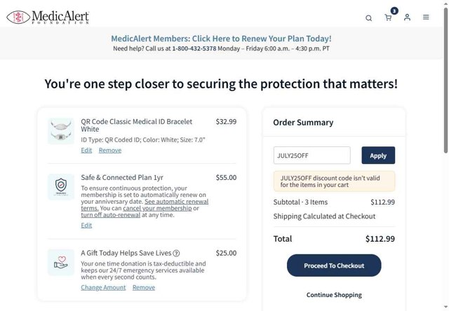 MedicAlert checkout page showing MedicAlert coupon code box | Screenshot taken by SimplyCodes community member on Sep 5, 2025