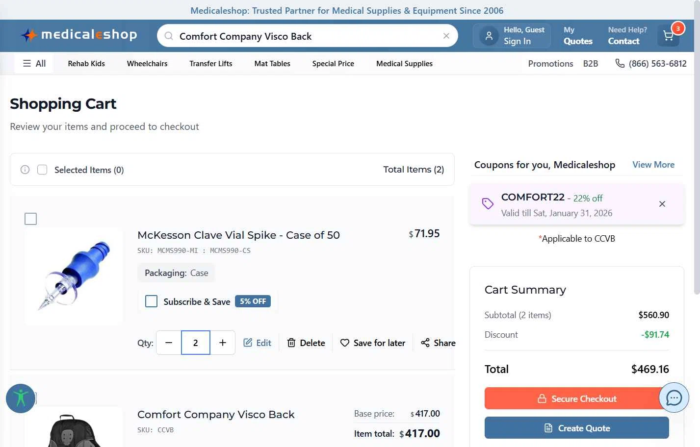 Medicaleshop checkout page showing Medicaleshop promo code box | Screenshot taken by SimplyCodes community member on Jan 18, 2026