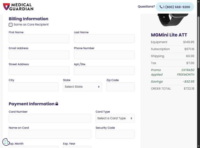 Medical Guardian checkout page showing Medical Guardian promo code box | Screenshot taken by SimplyCodes community member on Sep 7, 2025