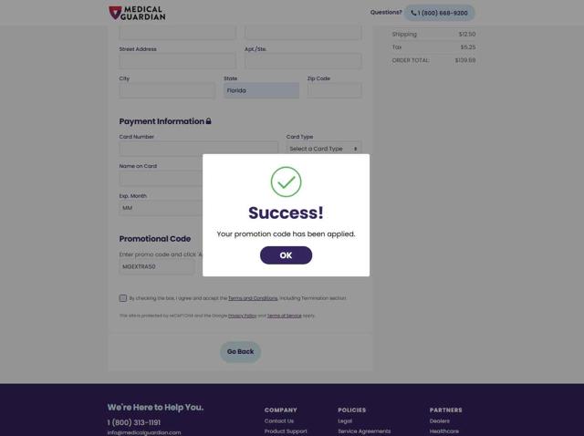 Medical Guardian checkout page showing Medical Guardian promo code box | Screenshot taken by SimplyCodes community member on Aug 27, 2025