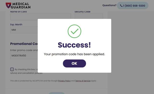 Medical Guardian checkout page showing Medical Guardian promo code box | Screenshot taken by SimplyCodes community member on Sep 7, 2025