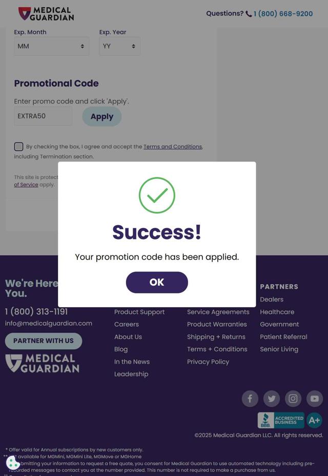 Medical Guardian checkout page showing Medical Guardian promo code box | Screenshot taken by SimplyCodes community member on Aug 5, 2025