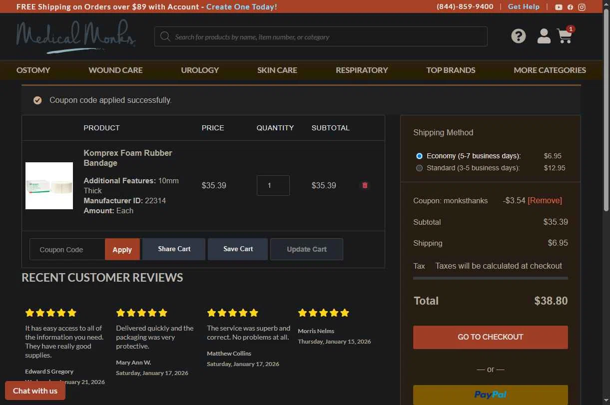 Medical Monks checkout page showing Medical Monks coupon code box | Screenshot taken by SimplyCodes community member on Jan 25, 2026