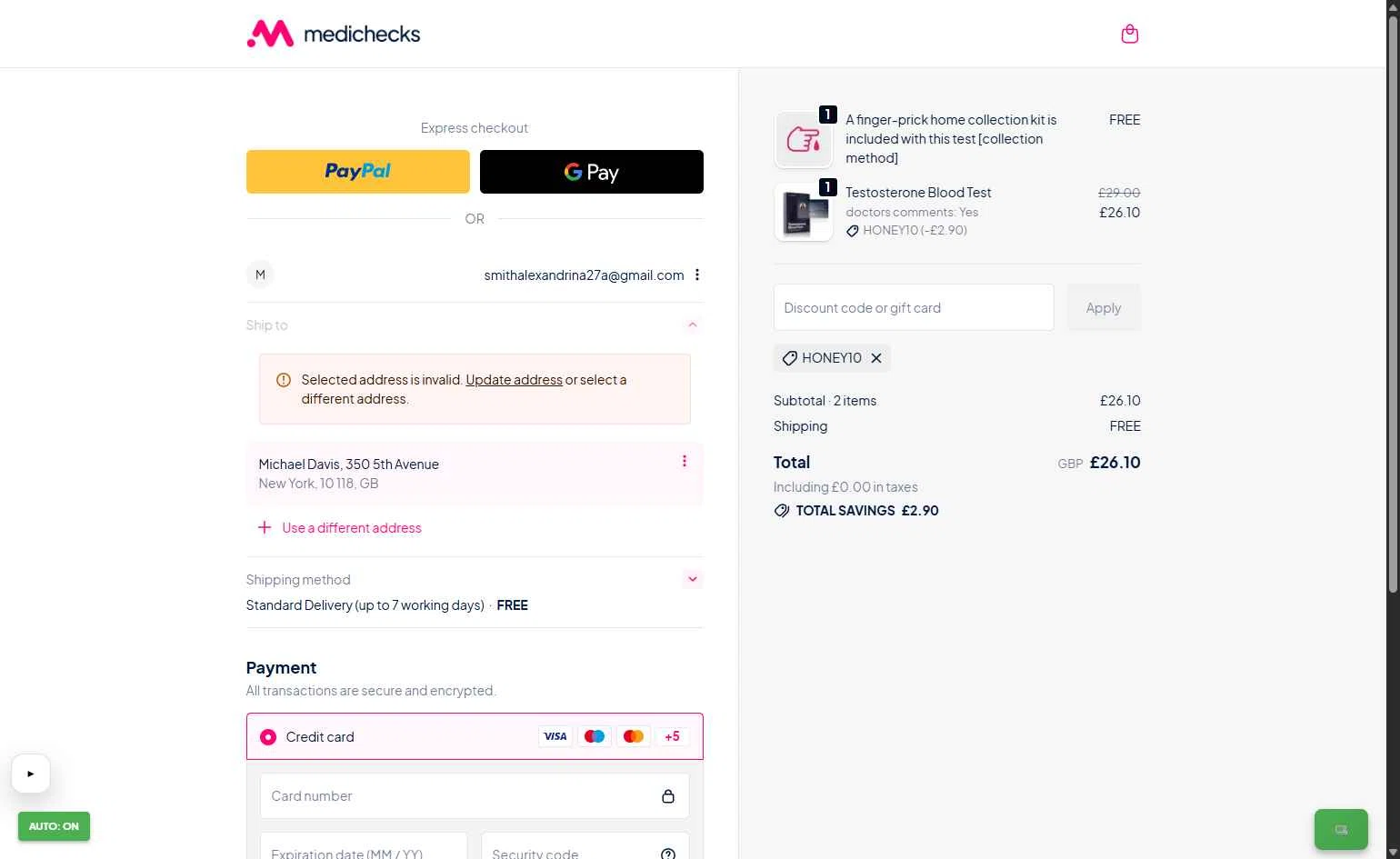 Medichecks checkout page showing Medichecks promo code box | Screenshot taken by SimplyCodes community member on Jan 21, 2026