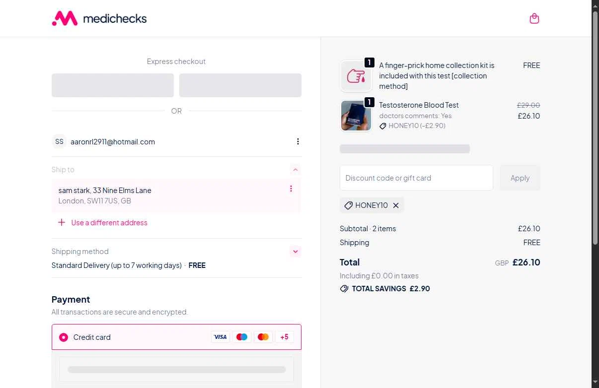 Medichecks checkout page showing Medichecks promo code box | Screenshot taken by SimplyCodes community member on Oct 8, 2025