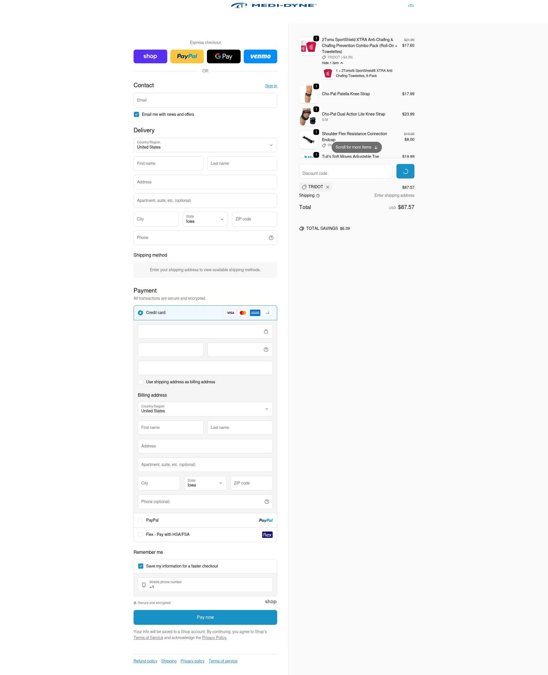 Medi-Dyne checkout page showing Medi-Dyne promo code box | Screenshot taken by SimplyCodes community member on Dec 31, 2025