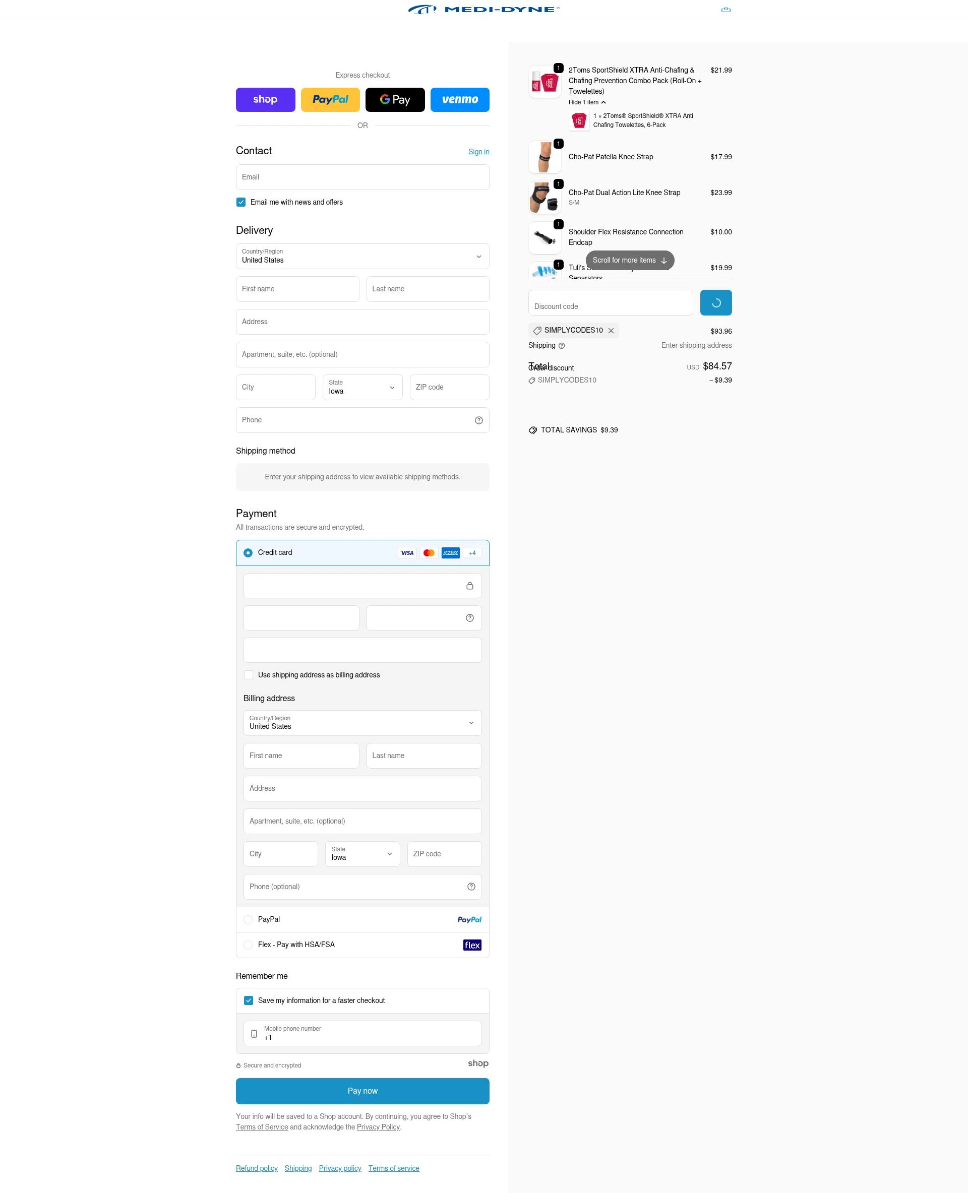 Medi-Dyne checkout page showing Medi-Dyne promo code box | Screenshot taken by SimplyCodes community member on Dec 31, 2025
