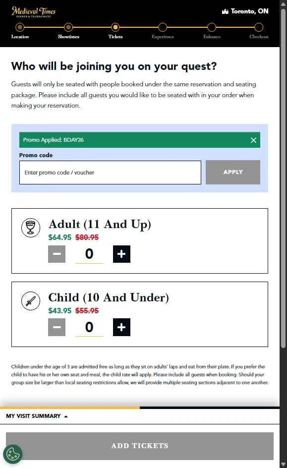 Medieval Times Dinner & Tournament checkout page showing Medieval Times Dinner & Tournament promo code box | Screenshot taken by SimplyCodes community member on Nov 8, 2025