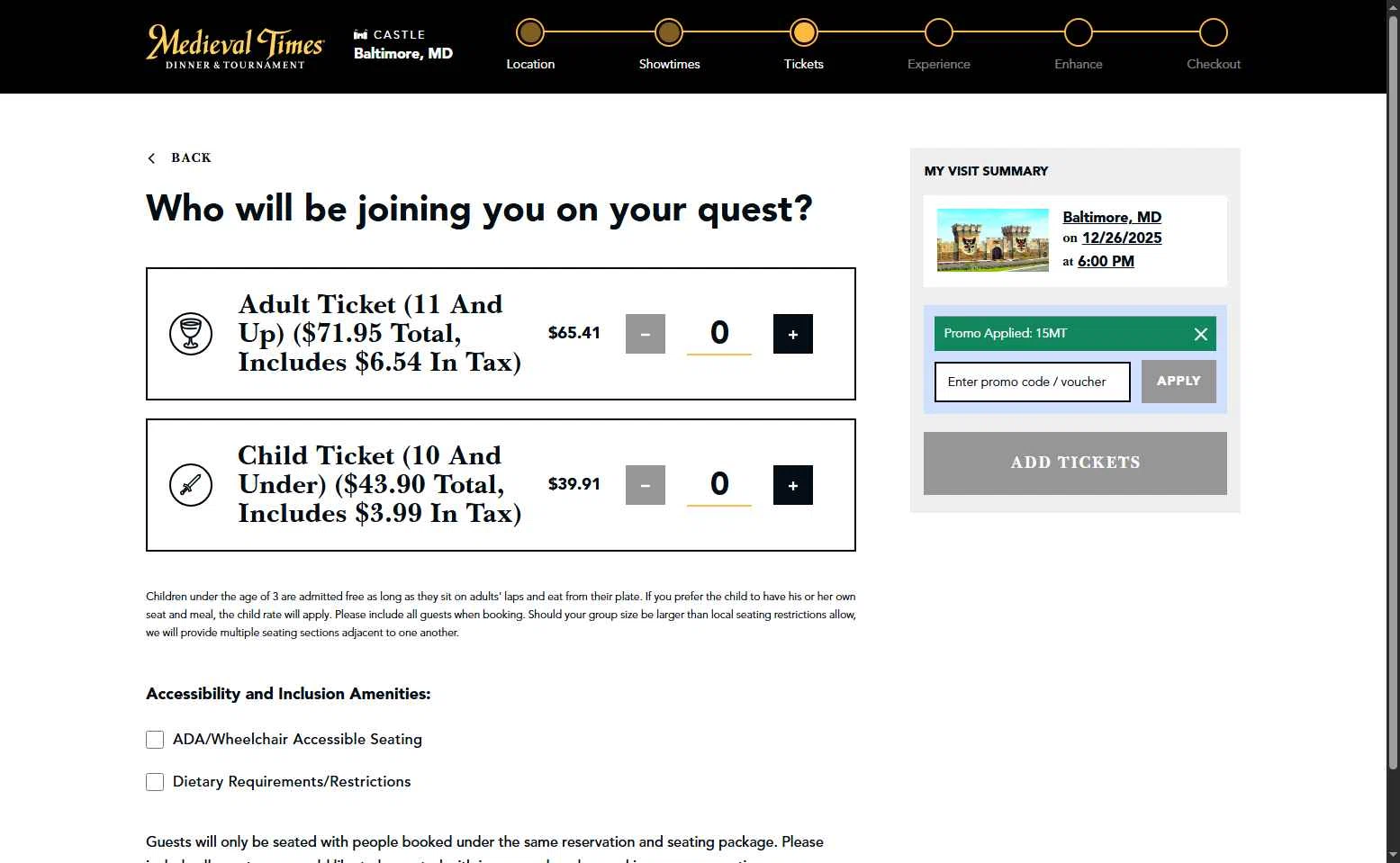 Medieval Times Dinner & Tournament checkout page showing Medieval Times Dinner & Tournament promo code box | Screenshot taken by SimplyCodes community member on Dec 15, 2025