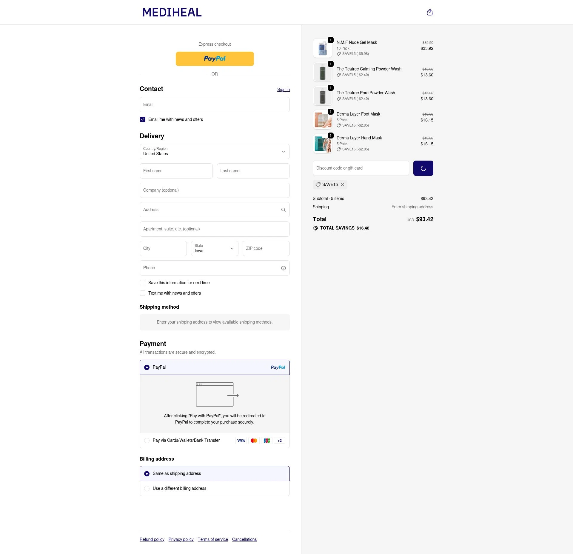 Mediheal US checkout page showing Mediheal US discount code box | Screenshot taken by SimplyCodes community member on Dec 24, 2025
