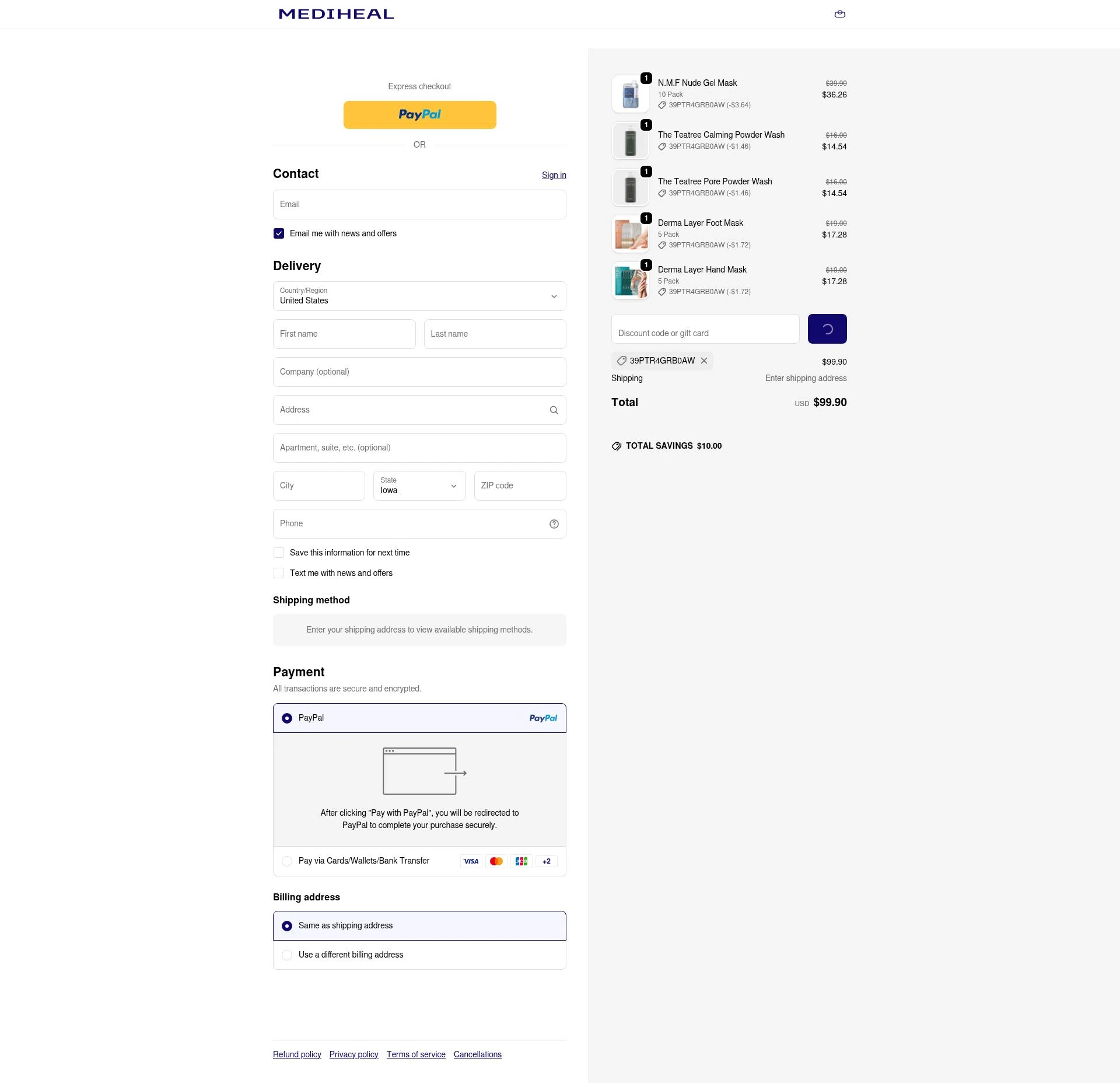 Mediheal US checkout page showing Mediheal US discount code box | Screenshot taken by SimplyCodes community member on Dec 24, 2025