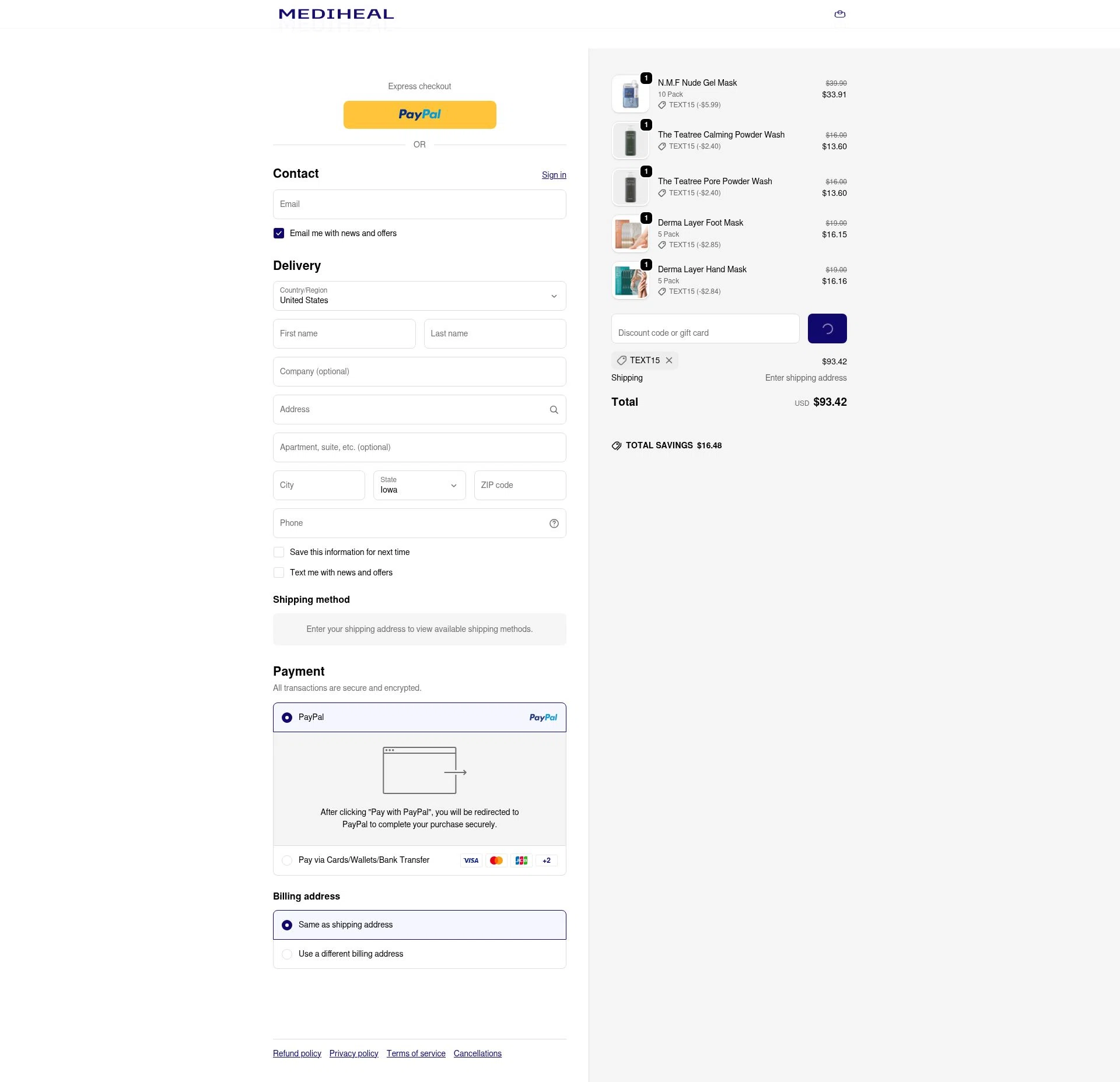 Mediheal US checkout page showing Mediheal US discount code box | Screenshot taken by SimplyCodes community member on Dec 24, 2025