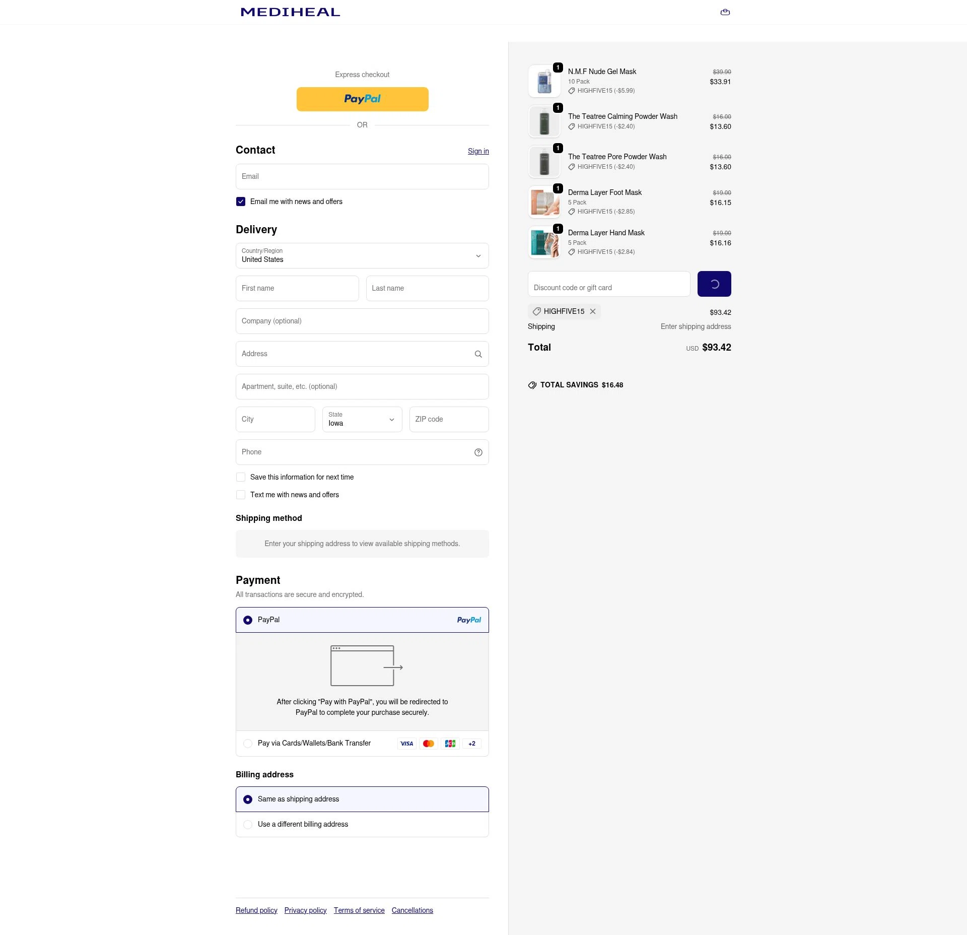 Mediheal US checkout page showing Mediheal US discount code box | Screenshot taken by SimplyCodes community member on Dec 24, 2025