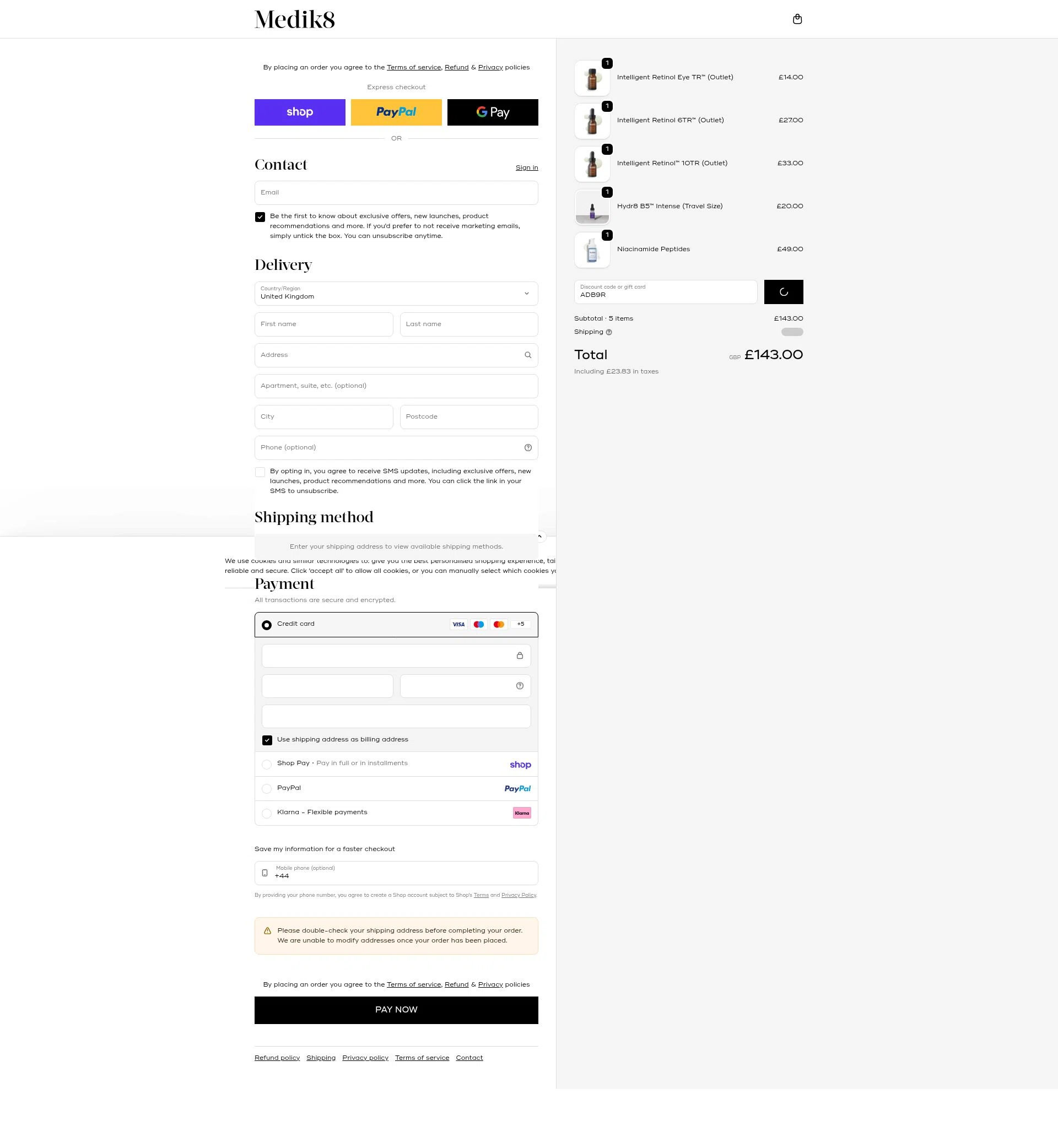 Medik8 checkout page showing Medik8 discount code box | Screenshot taken by SimplyCodes community member on Feb 19, 2026